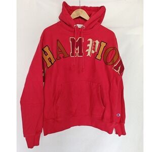 Champion Reverse Weave Hoodie Pullover Sweatshirt Spell Out Logo Red Medium M‎